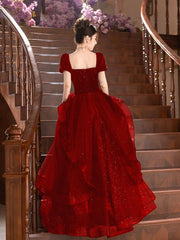 A-line Wine Red Short Sleeves Sweetheart Prom Dress, Wine Red Velvet Party Dress