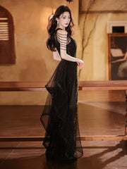 Black Sequins Halter Beaded Floor Length Party Dress, Black Sequins Long Prom Dress