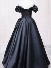Black Satin Off Shoulder Sweetheart Long Party Dress, Black Satin Prom Dress