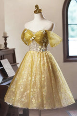 A-line Floral Tulle Knee Length Prom Dress, Sweetheart Off Shoulder Homecoming Dress