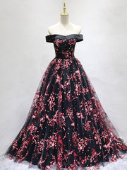 Beautiful Black Long Floral Lace Party Dress, Off Shoulder Prom Dress