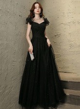 Black Tulle Beaded A-line Long Prom Dress, Short Sleeves Party Dress