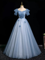 Blue A-Line Tulle Off Shoulder Beaded Sweetheart Party Dress, Long Blue Prom Dress