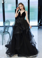 Black Straps V-neckline Tulle Long Party Dress, Black Low Back Prom Dress Formal Dress