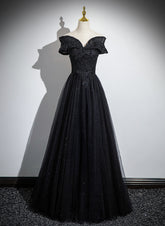 Black Off Shoulder A-line Tulle with Lace Party Dress, Black Long Prom Dress