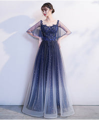 Blue Gradient Long Formal Dress with Puffy Sleeves, A-line Tulle Blue Prom Dress Bridesmaid Dresses