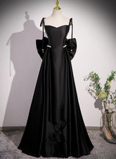 Black Satin Sweetheart Long Prom Dress with Bow, Black Long Evening Dress