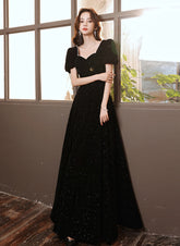 Black Short Sleeves A-line Velvet Long Prom Dress, Black Evening Dress Party Dress