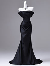 Black Satin Long Off Shoulder Mermaid Party Dress, Black Simple Evening Dress Formal Dress