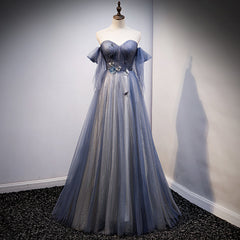 Blue and Grey Tulle Long Sweetheart Party Dress, Tulle A-line Formal Dress