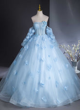 Blue Flowers and Tulle Puffy Sleeves Prom Dress, Blue Sweet 16 Dress