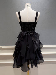 Black Sequins and Organza Tiered Ruffle Short Party Dress, Black Straps Knee Length Homecoming Dress