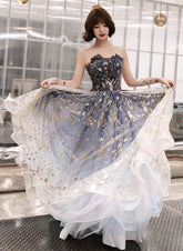 Blue Cute Tulle Gradient Long Party Dress, A-line Blue Prom Dress Evening Dress