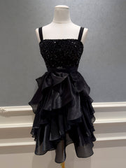 Black Sequins and Organza Tiered Ruffle Short Party Dress, Black Straps Knee Length Homecoming Dress