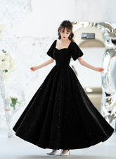 Black Velvet Short Sleeves A-line Lace-up Party Dress, Black Long Wedding Party Dress