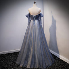 Blue and Grey Tulle Long Sweetheart Party Dress, Tulle A-line Formal Dress