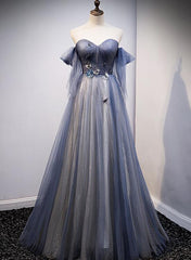 Blue and Grey Tulle Long Sweetheart Party Dress, Tulle A-line Formal Dress