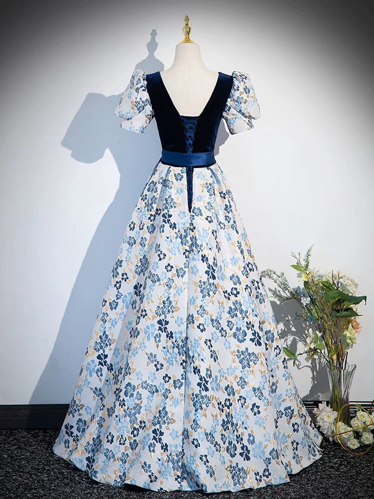 Blue Floral Satin Short Sleeves Long Formal Dress, Blue Satin A-line Party Dress