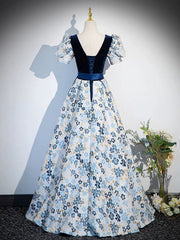 Blue Floral Satin Short Sleeves Long Formal Dress, Blue Satin A-line Party Dress