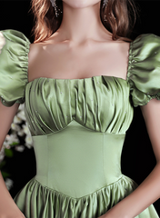 A-line Satin Green Short Sleeves Beaded Party Dress, Green Long Formal Dress Prom Dress