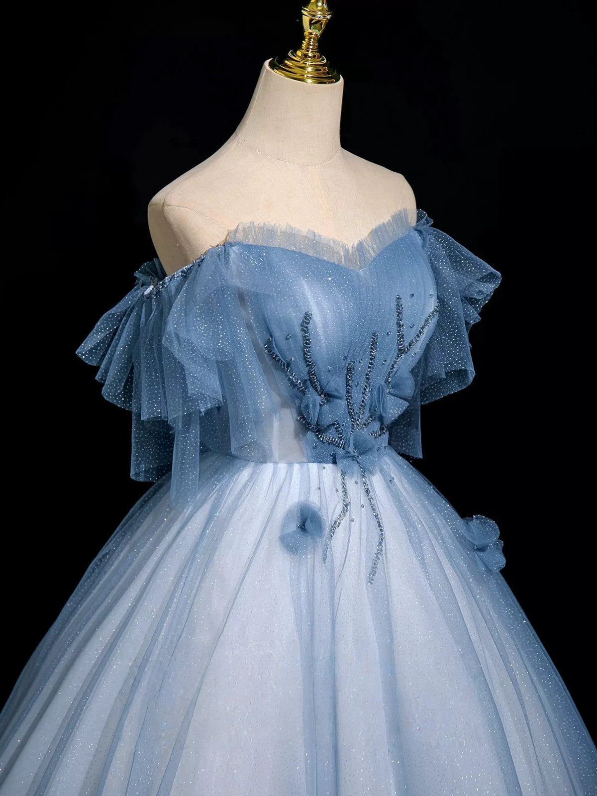 Blue A-Line Tulle Off Shoulder Beaded Sweetheart Party Dress,  Long Blue Prom Dress