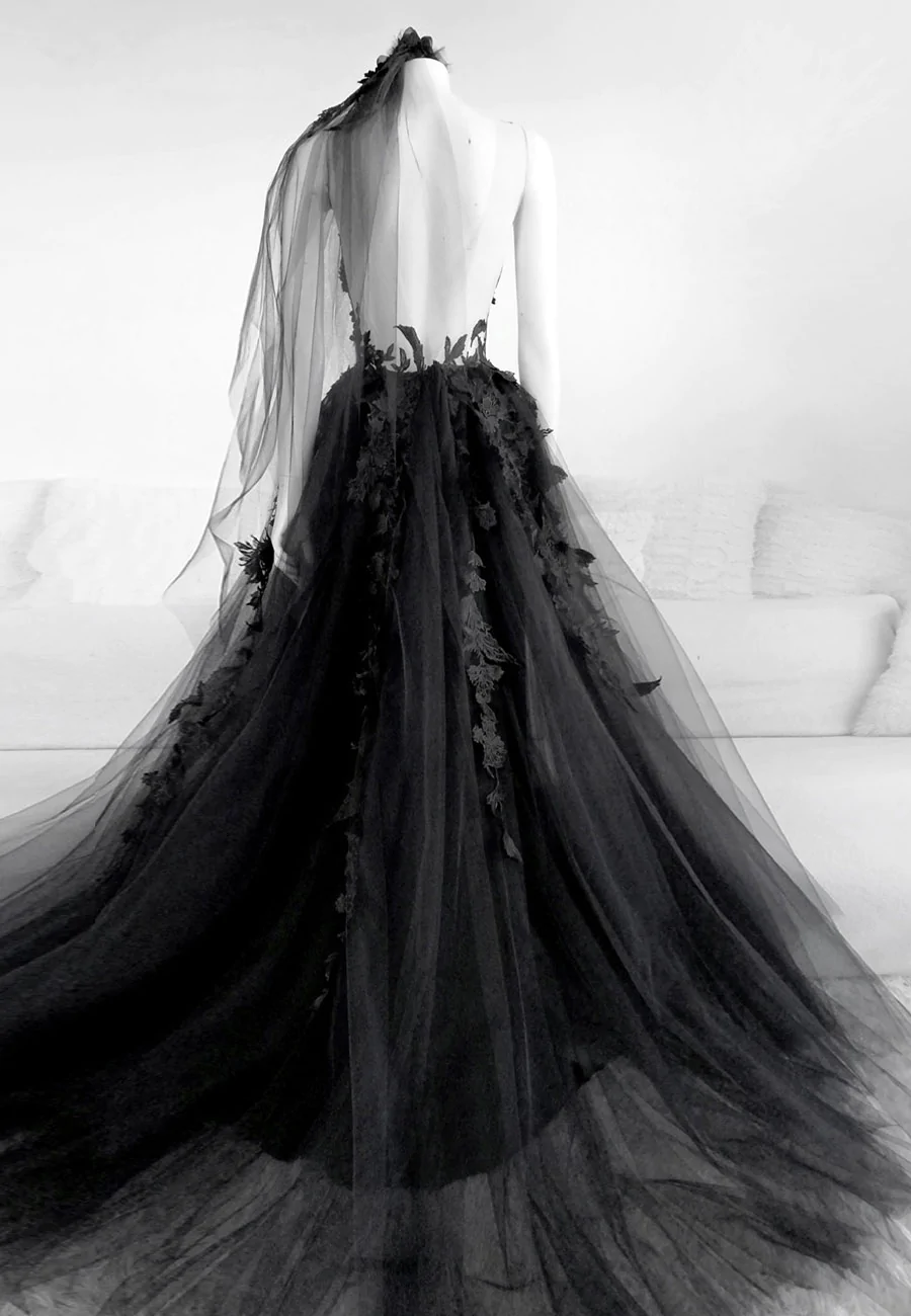 Black V-neckline Backless Tulle with Lace Party Dress, Black Long Prom Dress