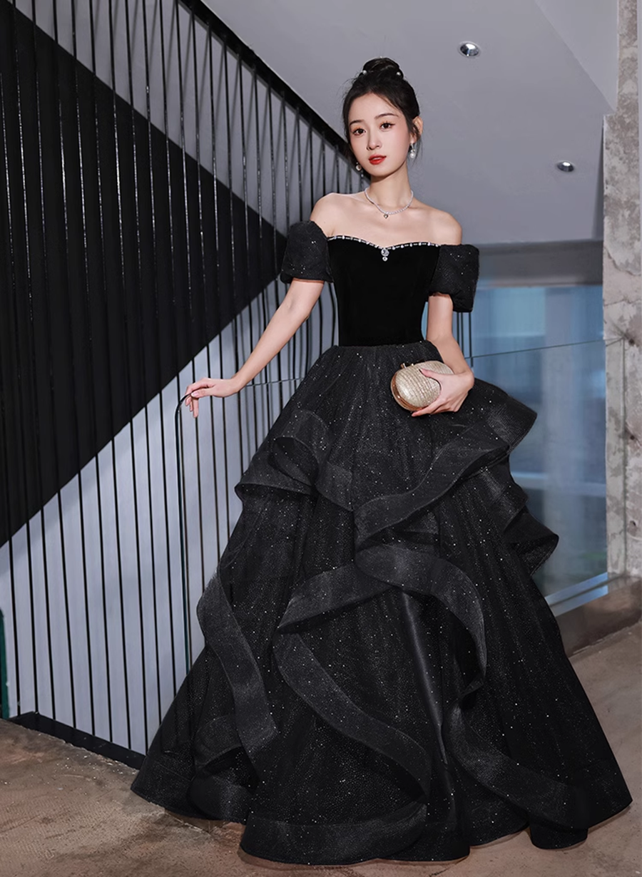 Black Velvet and Tulle Off Shoulder Long Formal Dress, Black Evening Dress Party Dress