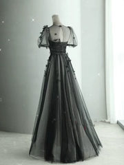 Black Round Neckline Tulle A-line Party Dress, Black Tulle Evning Dress Prom Dress