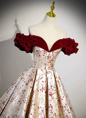 Beautiful Floral Satin Sweetheart Off Shoulder Prom Dress, Long Satin Party Dress