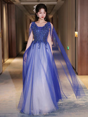 Blue and White V-neckline Floor Length Tulle Party Dress, A-line Long Formal Dress Prom Dress