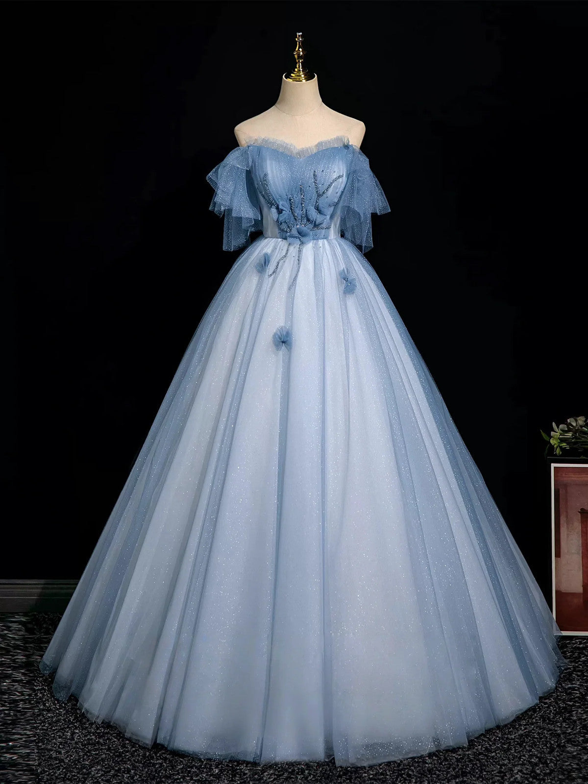 Blue A-Line Tulle Off Shoulder Beaded Sweetheart Party Dress,  Long Blue Prom Dress
