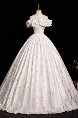 Beautiful A-line Floral Satin Off Shoulder Long Formal Gowns, Satin Floor Length Prom Dress