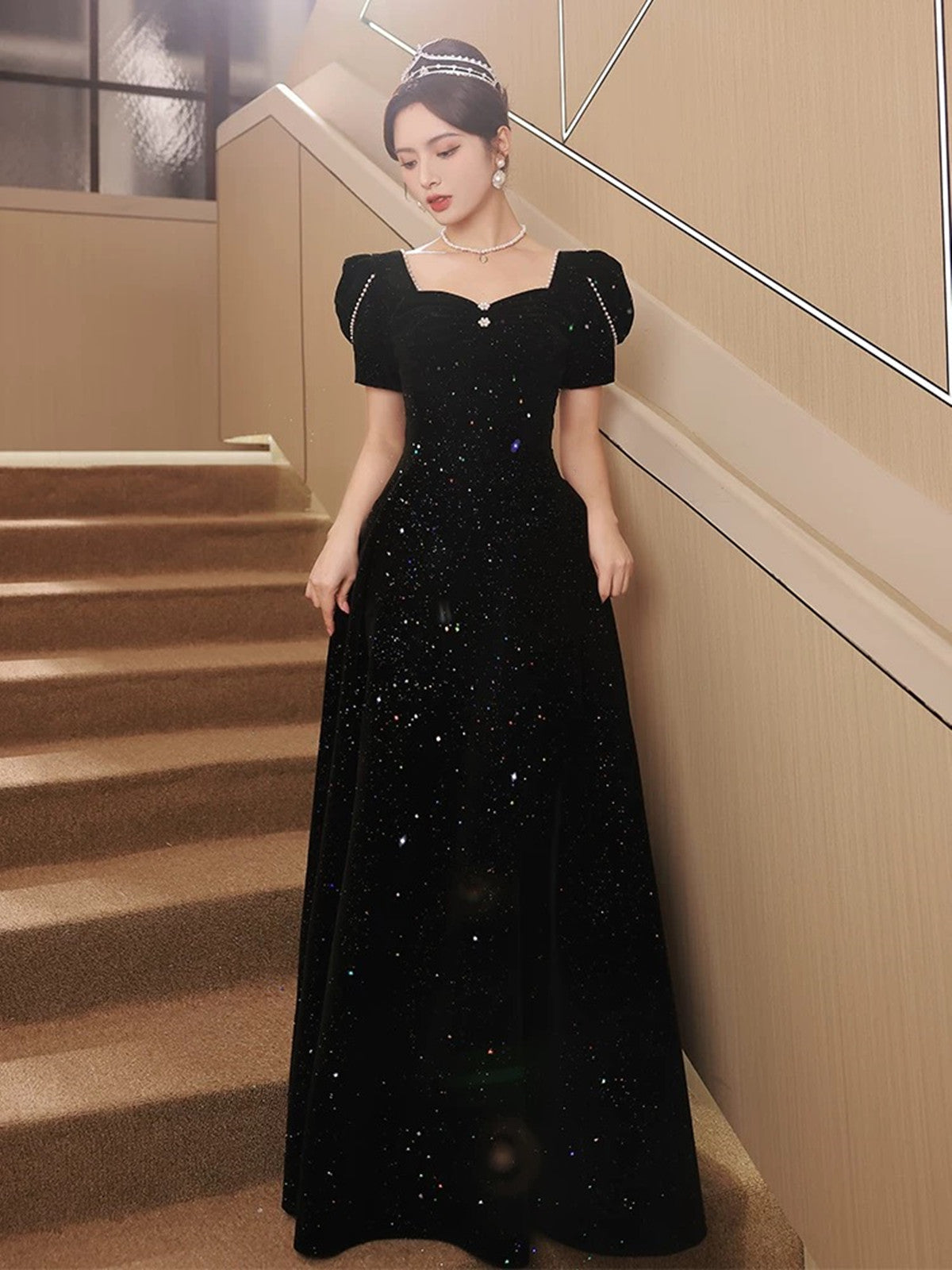 A-Line Black Short Sleeves Velvet Long Party Dress, Black Velvet Prom Dress