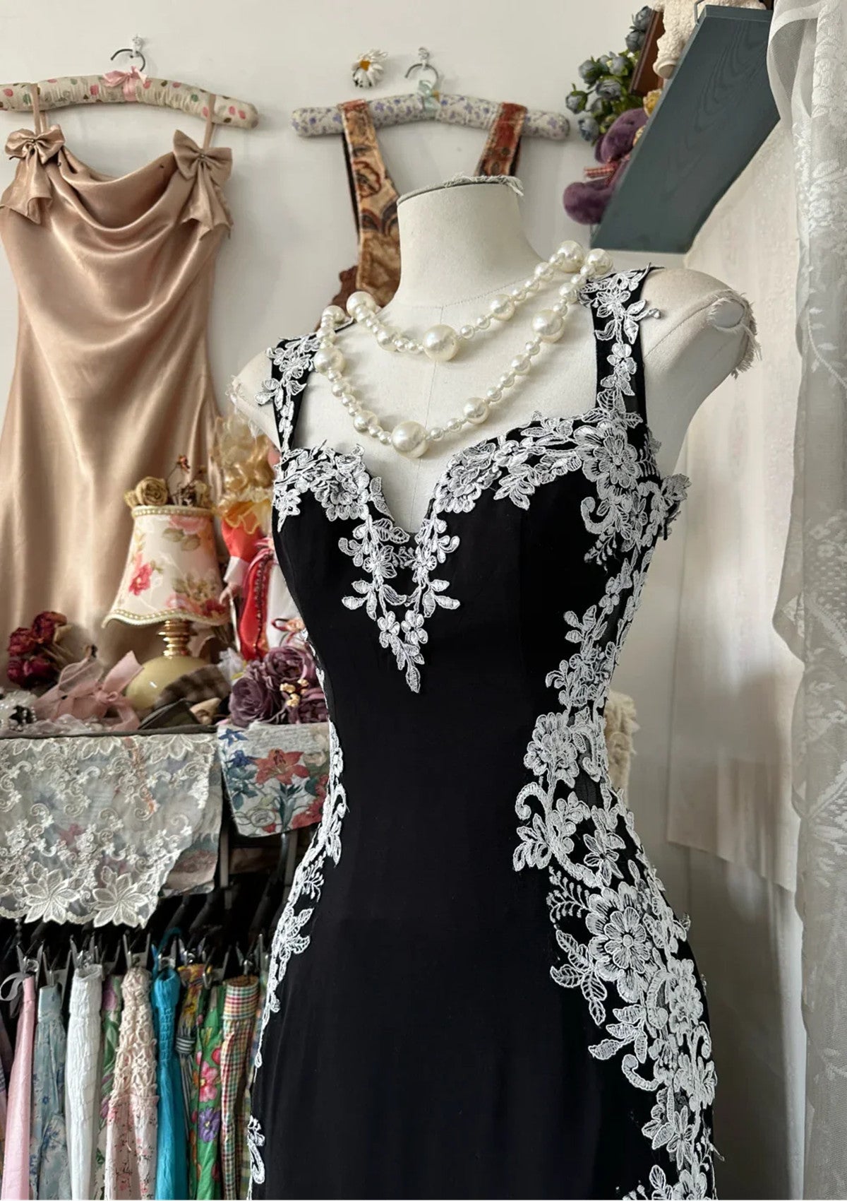 Black Mermaid Spandex Straps with Lace Formal Dress, Black Long Evening Dress Prom Dress