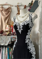 Black Mermaid Spandex Straps with Lace Formal Dress, Black Long Evening Dress Prom Dress