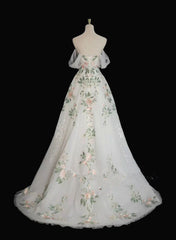 A-line Tulle with Flower Lace White Wedding Party Dress, White Tulle Evening Dress Prom Dress