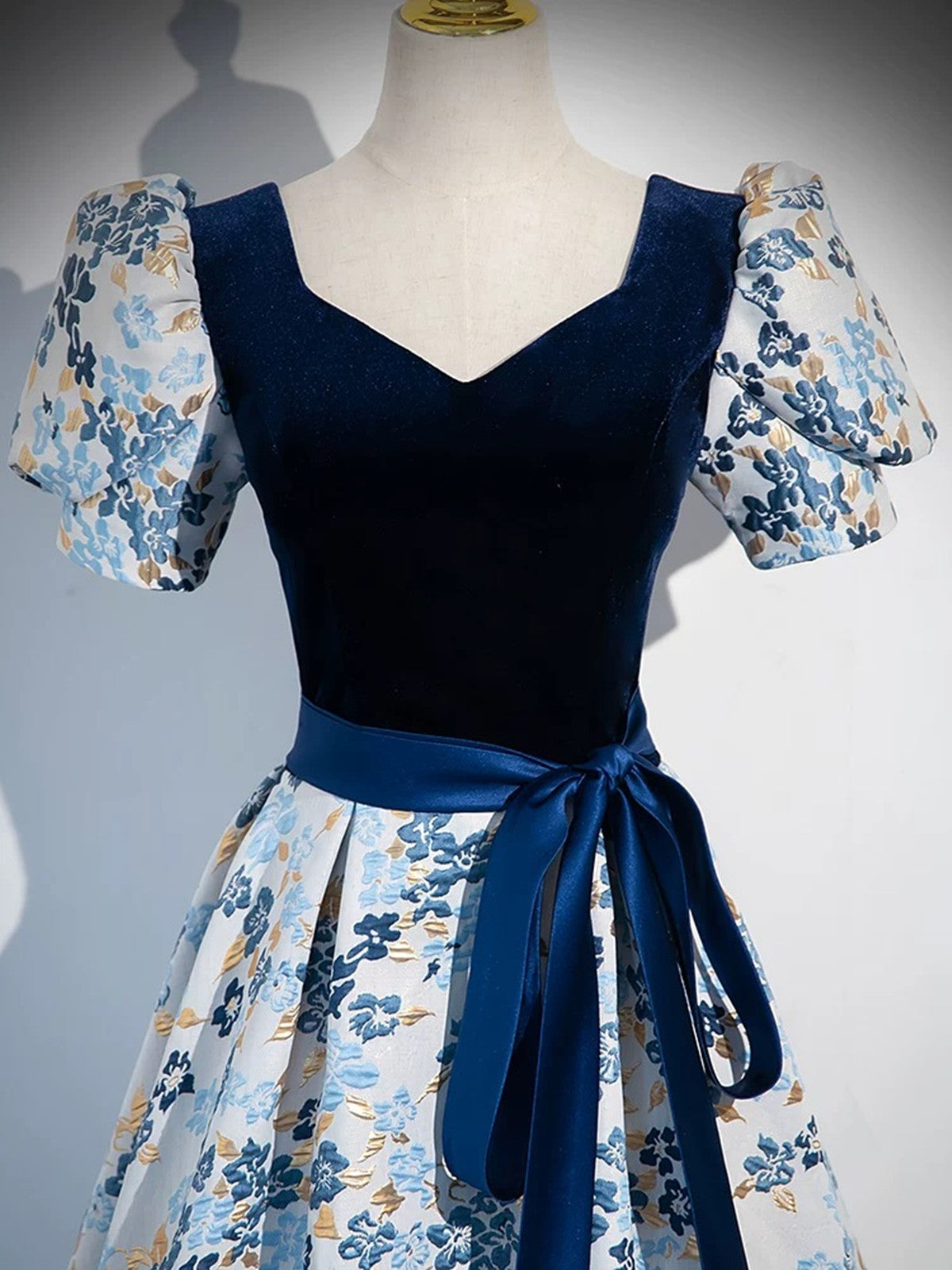 Blue Floral Satin Short Sleeves Long Formal Dress, Blue Satin A-line Party Dress