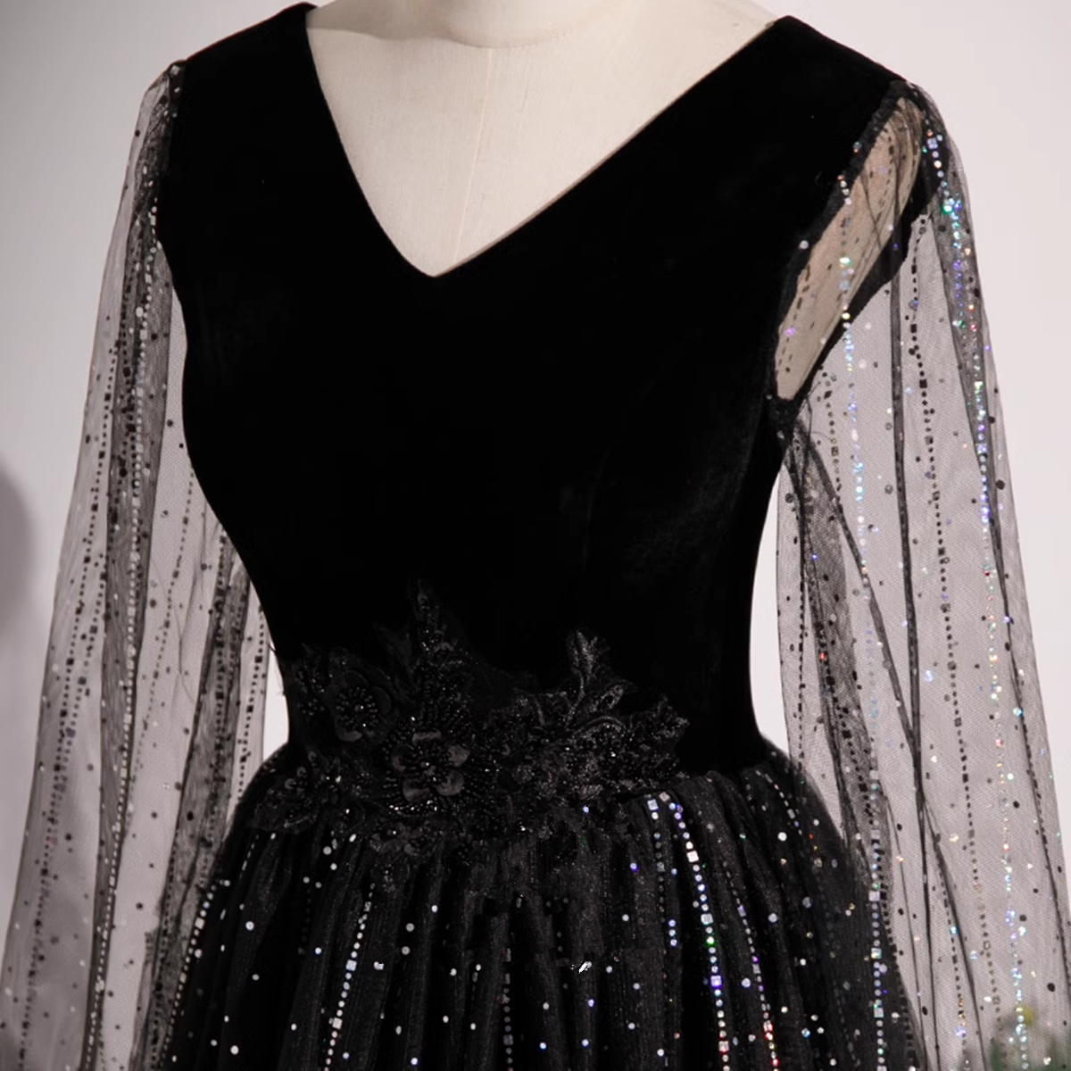 Black Shiny Tulle Gradient Tulle V-neckline Party Dress, Black Tulle Prom Dress