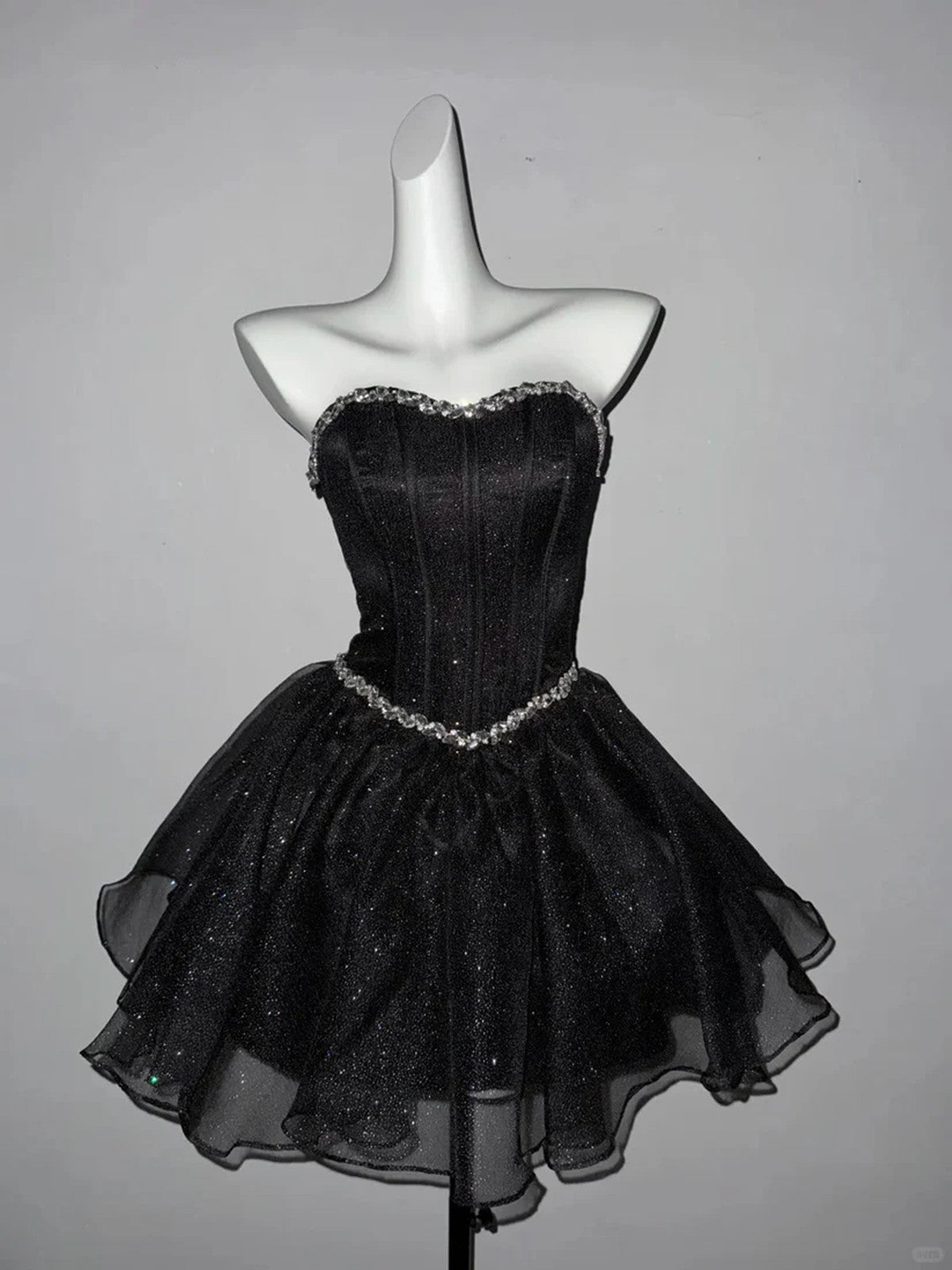 Black Tulle Beaded Sweetheart Lace-up Short Prom Dress, Black Shiny TullE Homecoming Dress