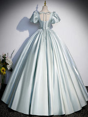 A-line Green Satin Short Sleeves Prom Dress Party Dress, Light Green Beaded Prom Dress