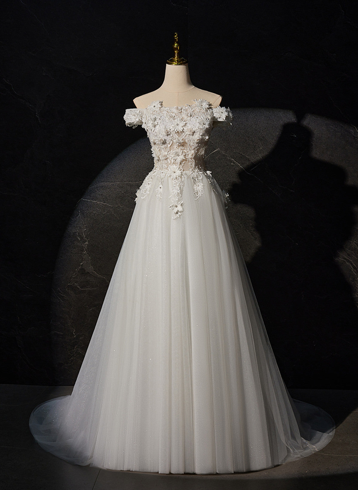 A-line Off Shoulder White Flowers and Tulle Party Dress, White Long Formal Dress Prom Dress