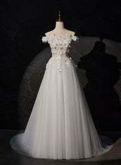 A-line Off Shoulder White Flowers and Tulle Party Dress, White Long Formal Dress Prom Dress