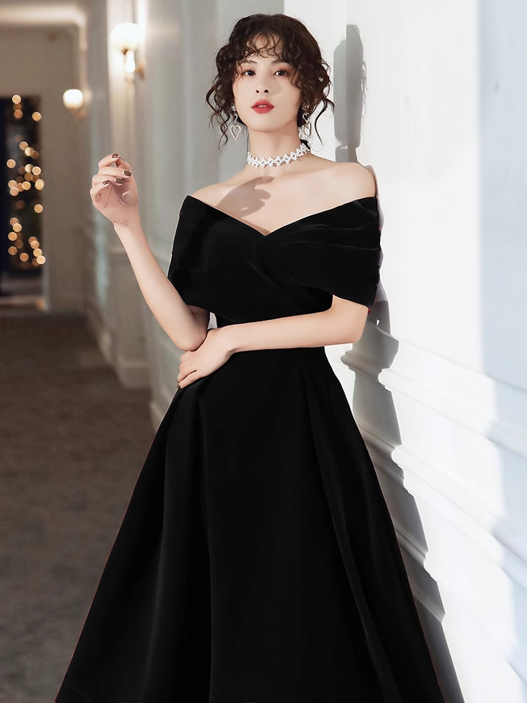 Black Velvet Tea Length Off Shoulder Party Dress, Black Short Homecoming Dress