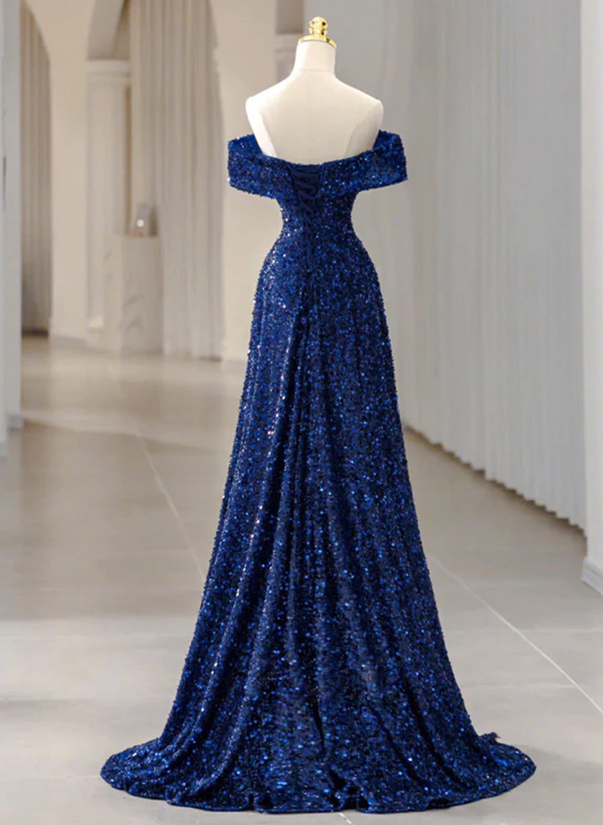 A-line Blue Sequins Off Shoulder Prom Dress, Blue Sequins Evening Dress