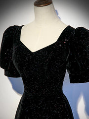 A-line Black Shiny Velvet Short Sleeves Prom Dress, Black Bridesmaid Dress