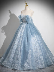 Blue A-line Lace and Tulle Long Formal Dress, Blue Round Neckline Prom Dress