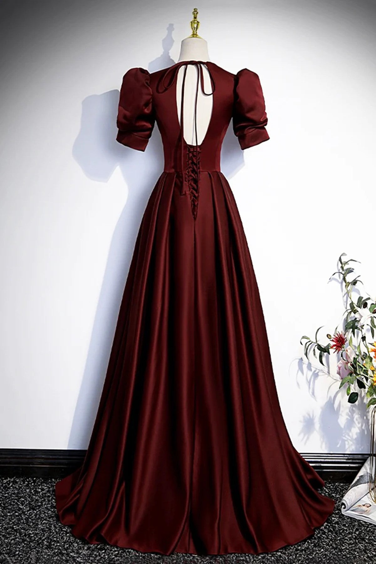 A-line Short Sleeves V-neckline Satin Prom Dress, Long Evening Dress Party Dress