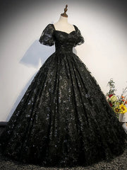 Black Lace  Short Sleeves Long Evening Dress, Black Sweetheart Prom Dress Party Dress