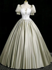 A-line Light Green Satin Short Sleeves Long Formal Dress, Light Green Satin Prom Dress