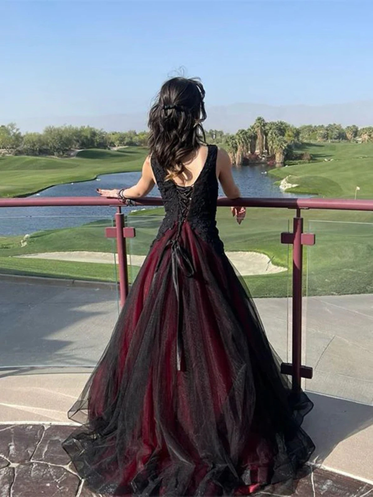 Black and Tulle V-neckline Beaded Lace Long Party Dress, A-line Prom Dress Evening Dresses